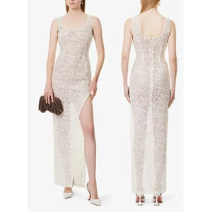 NWT Nadine Merabi Louisa Embellished Woven Slit Maxi Dress White White Womens S